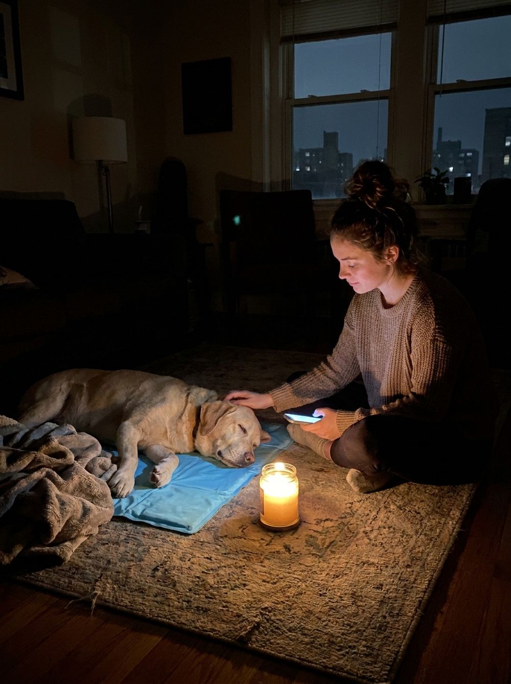 Perro durmiendo fresco sobre la manta durante un corte de luz