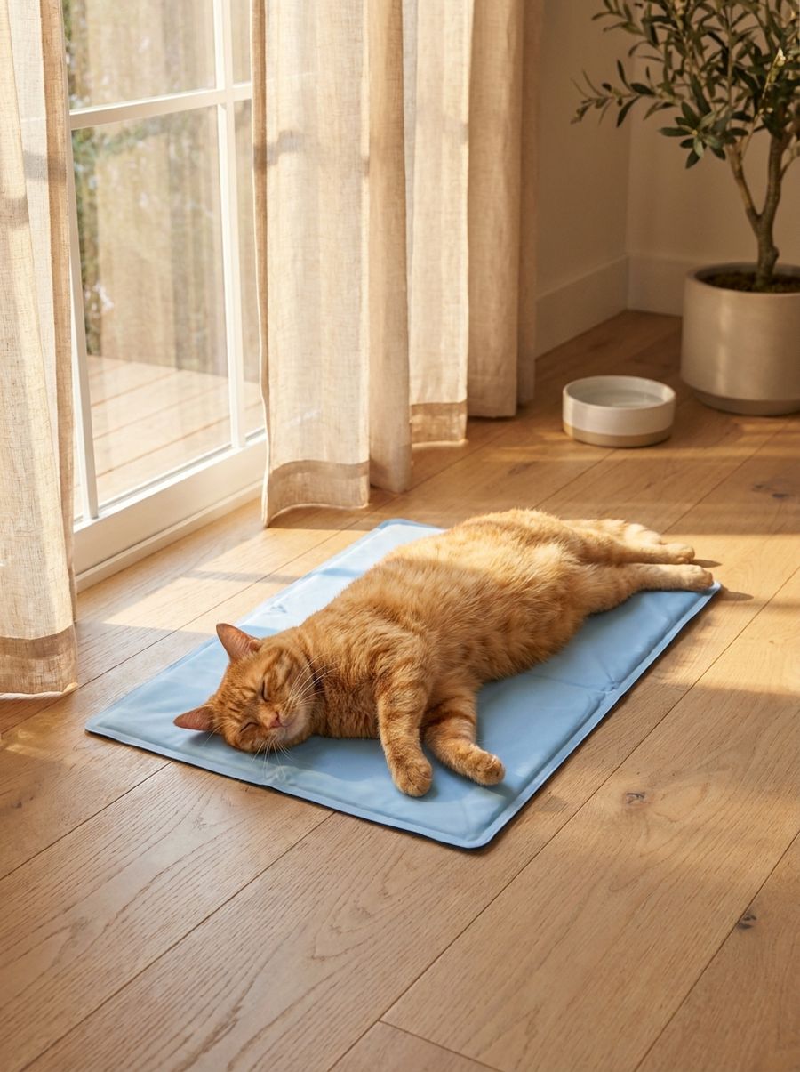 Gato descansando sobre la manta refrigerante para gatos